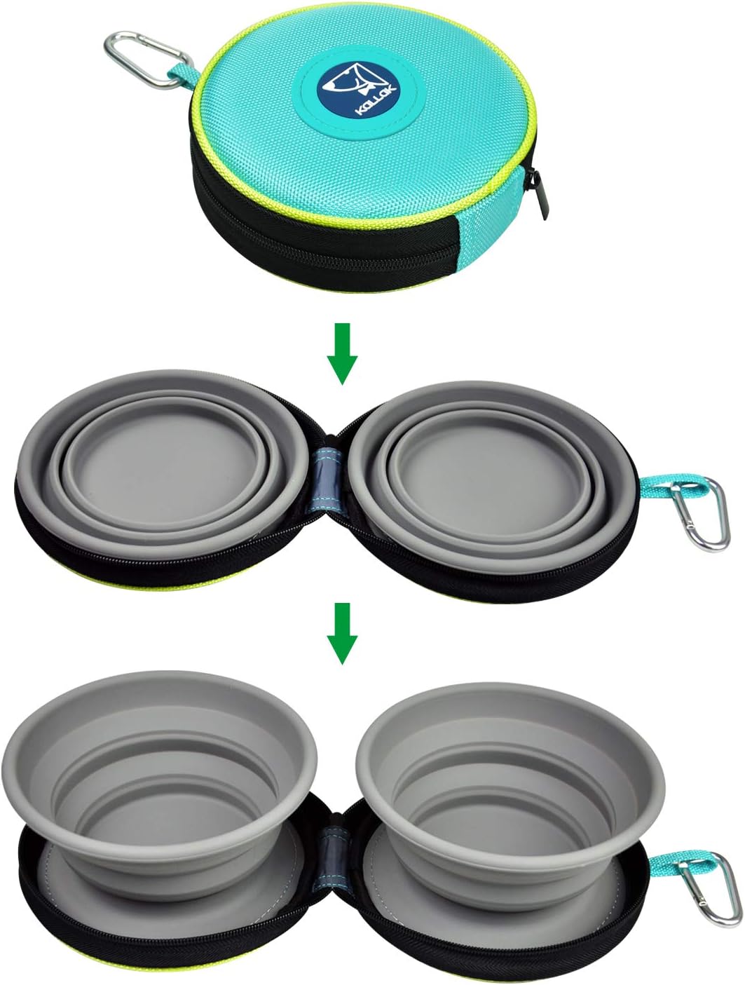 KALLAK Portable 2 in 1 Pet Bowls with Zipper Carrying Case and Carabiner, Collapsible Double Travel Dog Bowls for Food and Water Feeding, Foldable Camping Dog Cat Bowl