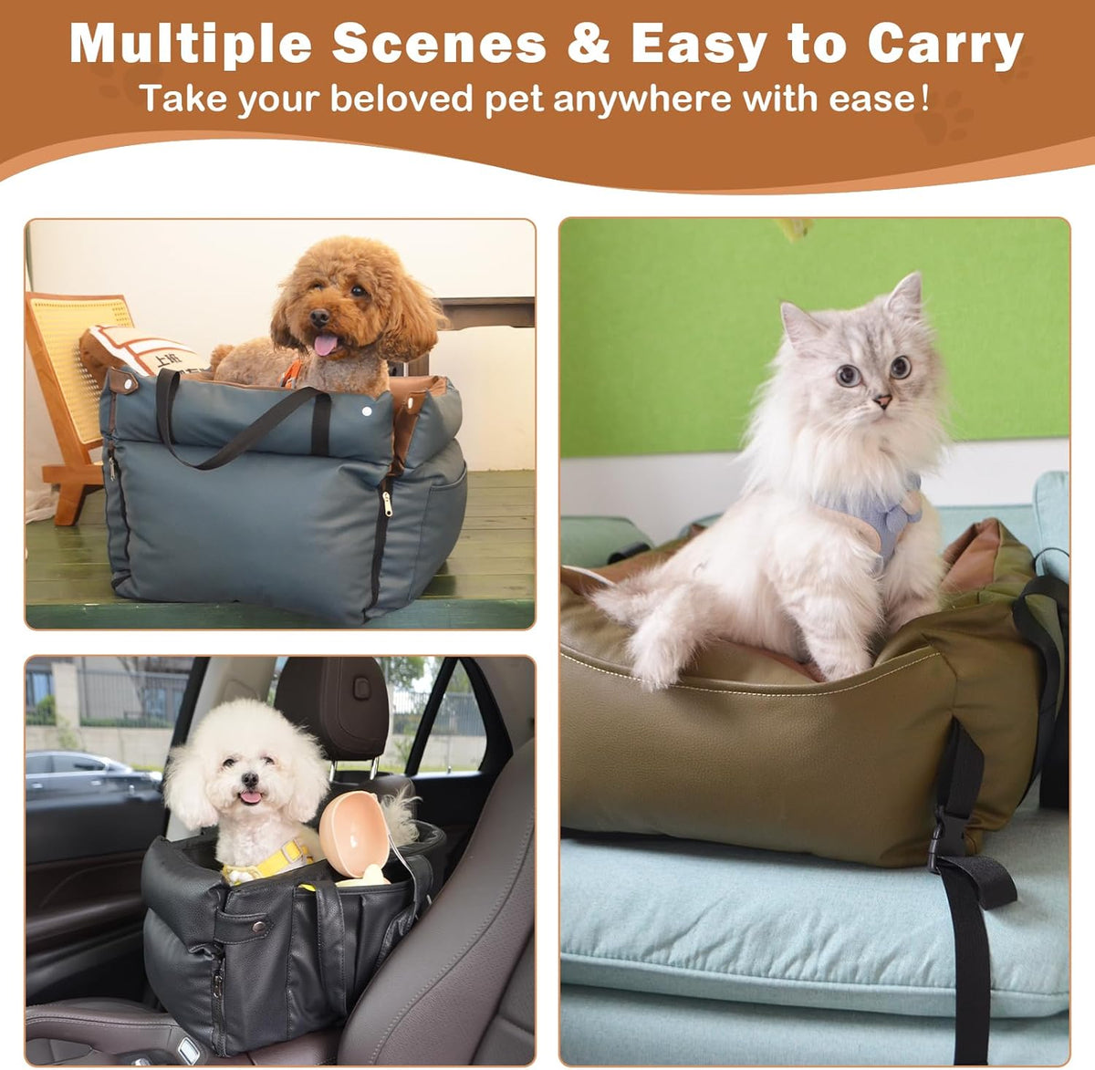 Portable Small Dog Seat for Car, Luxury Leather Center