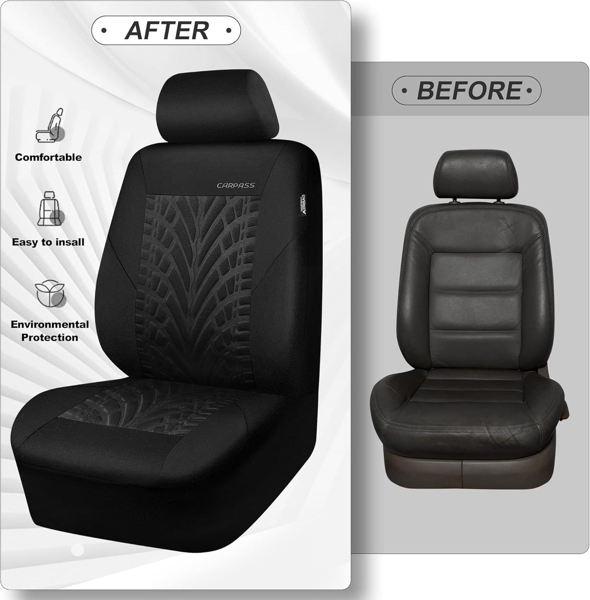 CAR PASS Car Seat Covers Two Front Only for Car, 3D Tyre Print Automotive Interior Covers, Airbag Compatible, Quick Setup Universal Fit Seat Covers for Car, Truck, SUV(Black)