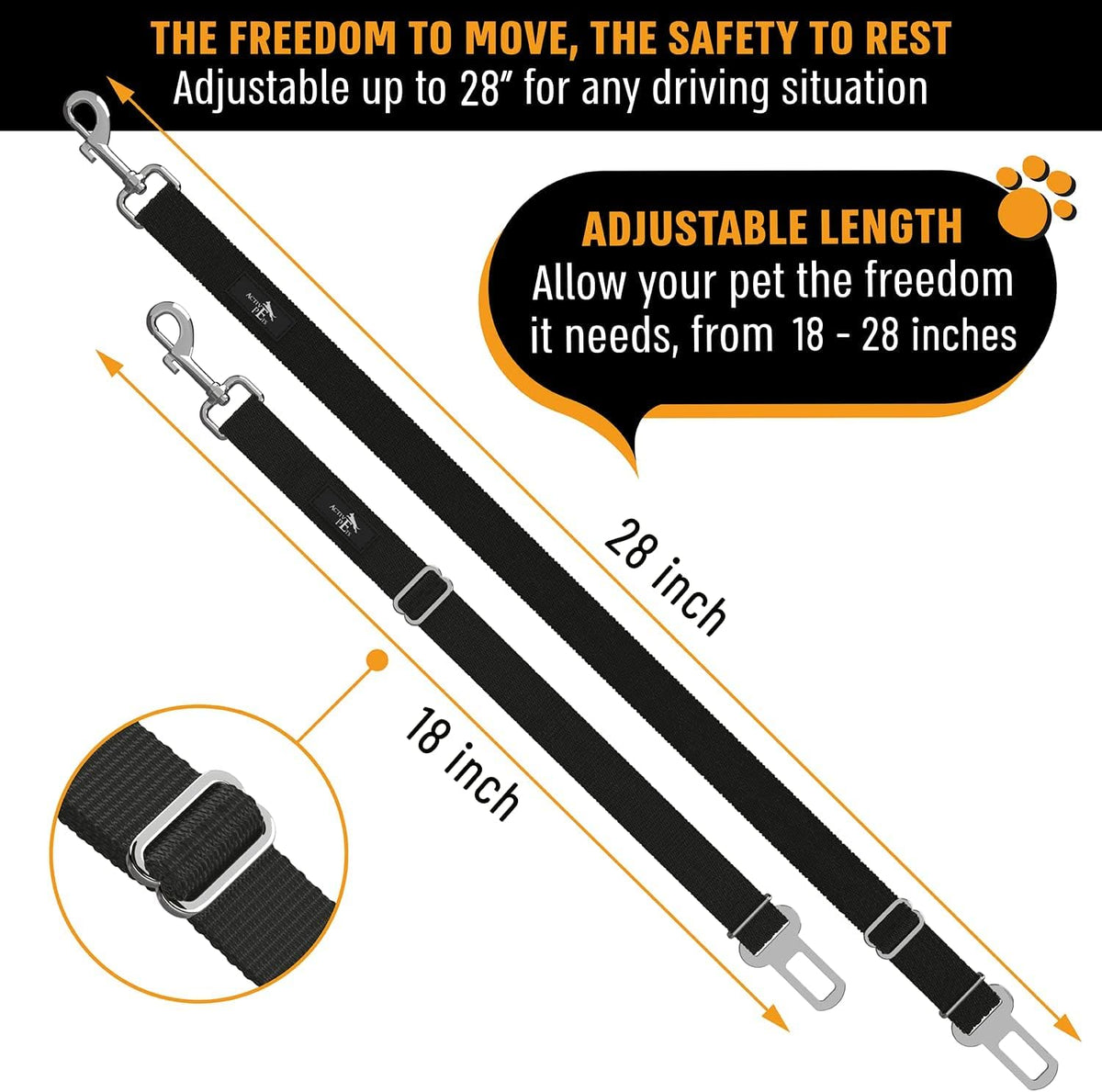 Active Pets Black Car Seat Belt for Dogs 2 Pack, Attaches to Harness & Collar, Adjusts 18" - 24" Safety & Comfort Travel Restraint System Fits Small - Large Pups, Seatbelt Pet Supplies & Accessories