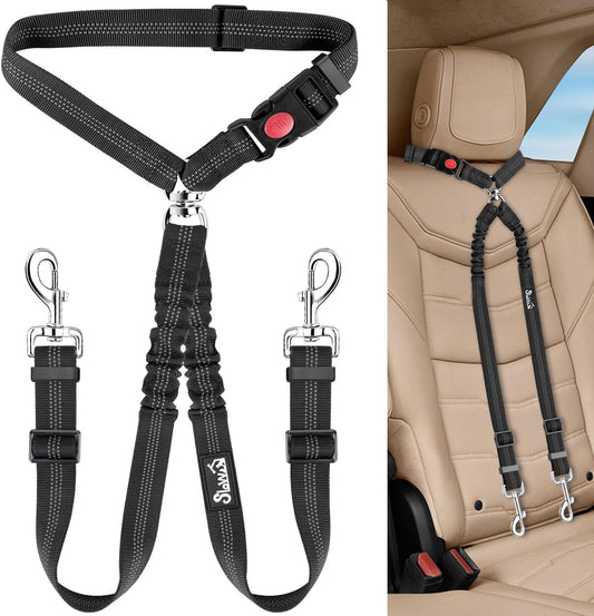 Double Dog Seat Belt, New Dual Pet Car Headrest Restraint