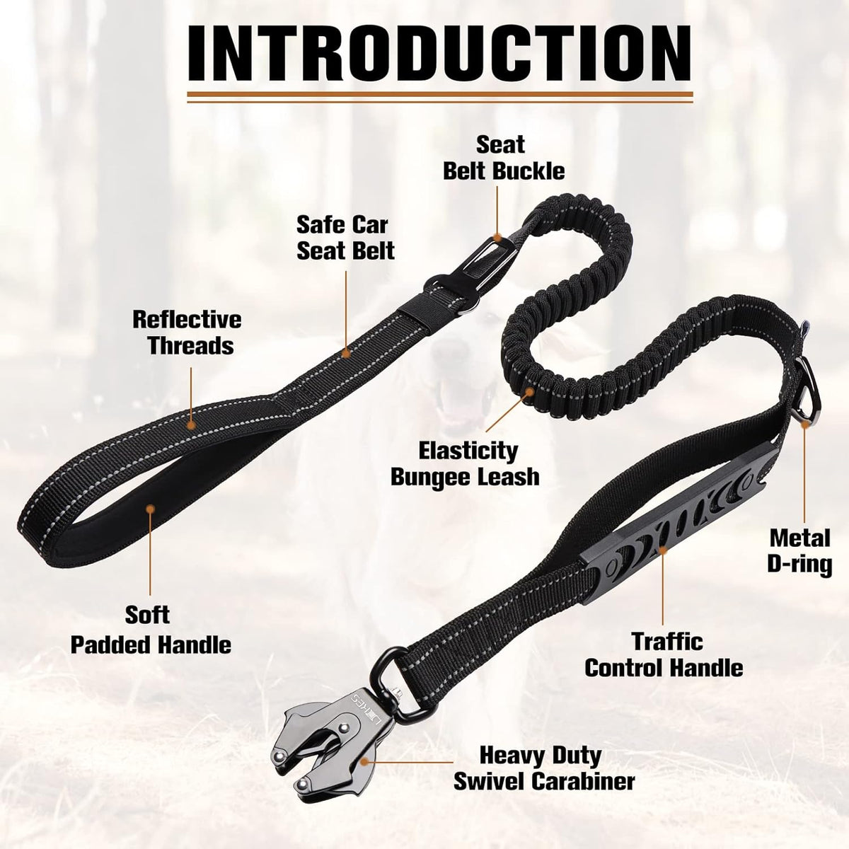 Heavy Duty Adjustable Dog Leash with Car Seat Belt, 4-5FT
