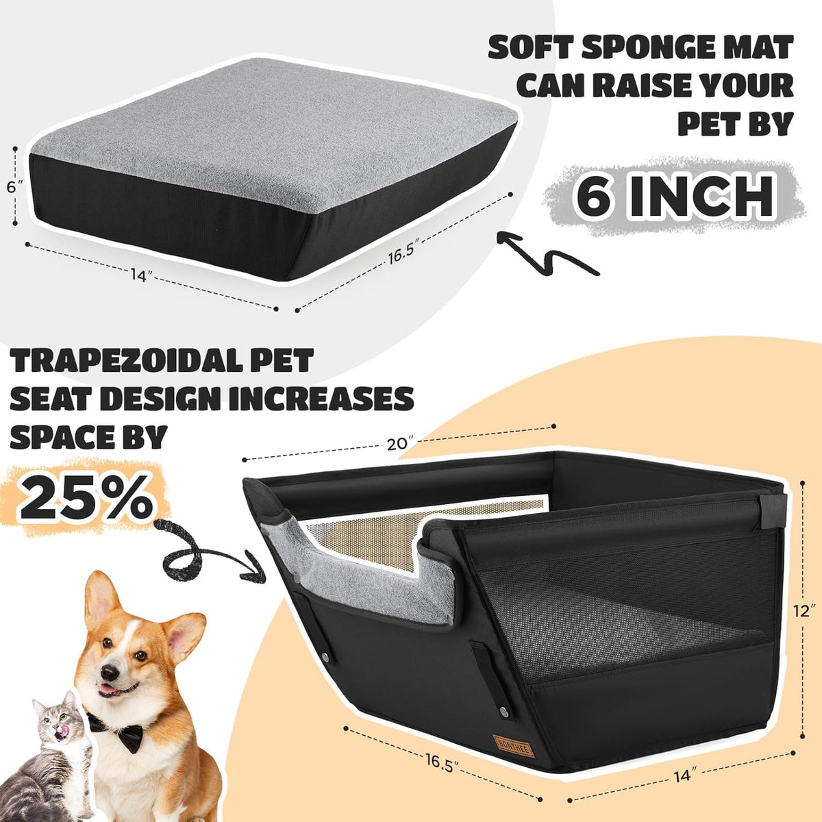 Elevated Dog Car Booster Seat up to 35LB, 6-Inch Memory