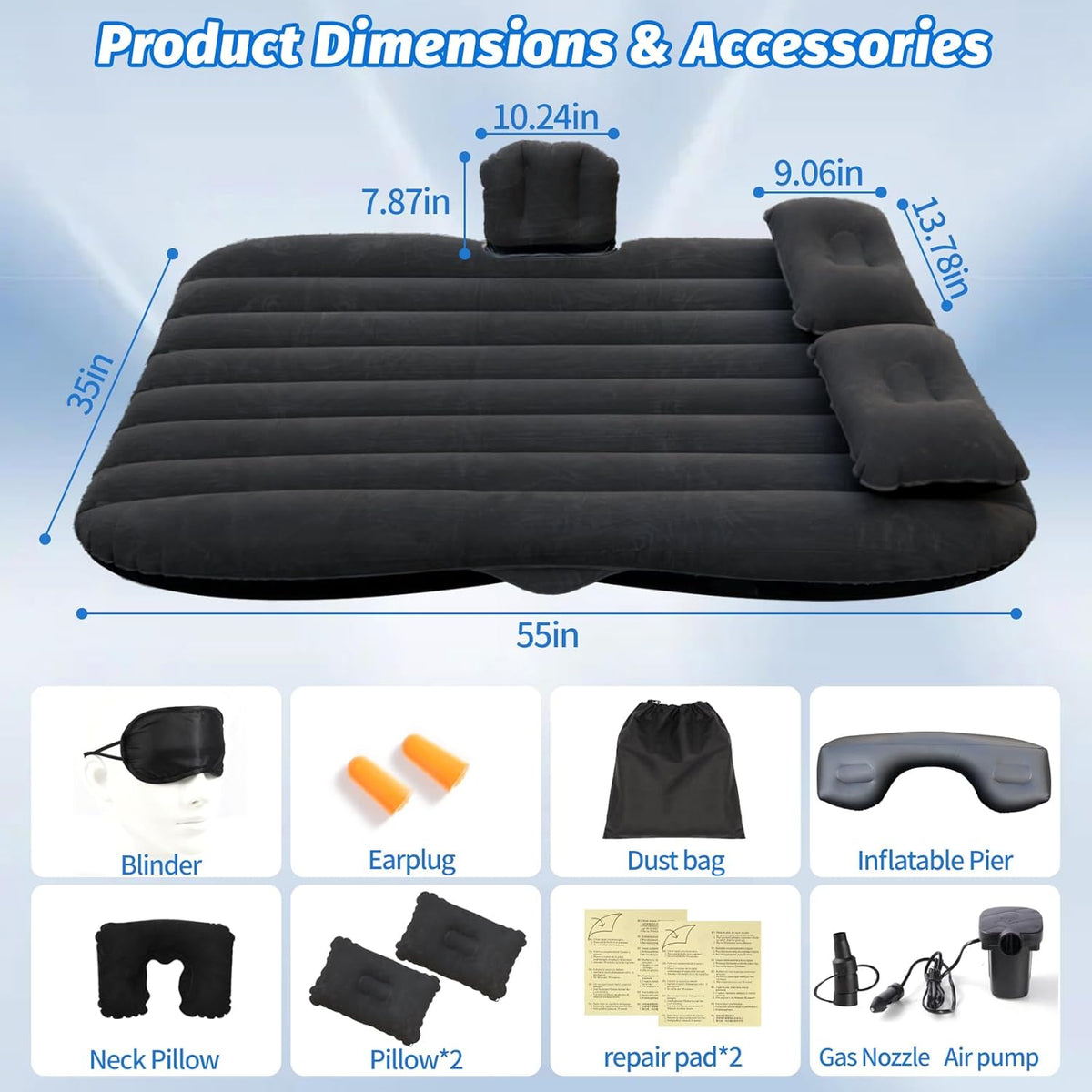 Inflatable Car Air Mattress Back Seat Bed with Air Pump,55