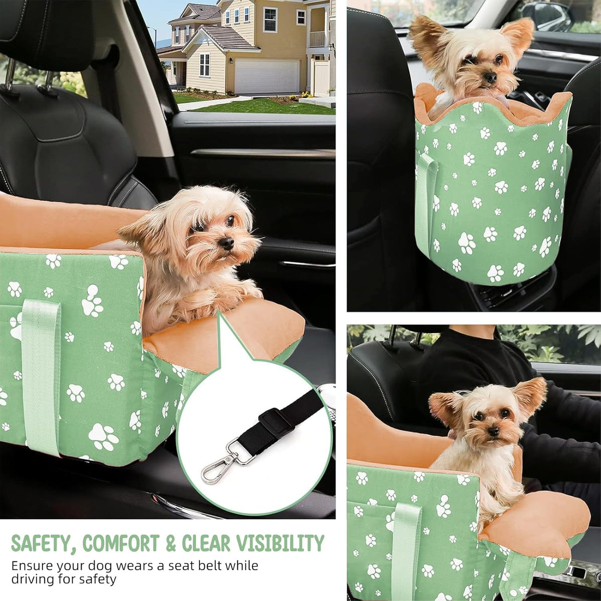 Dog Center Console Car Seat for Small Dogs Under 15lbs,Detachable Washable Booster Pet Car Seat Travel Bed with Storage Pockets and Seat Belt(Green)