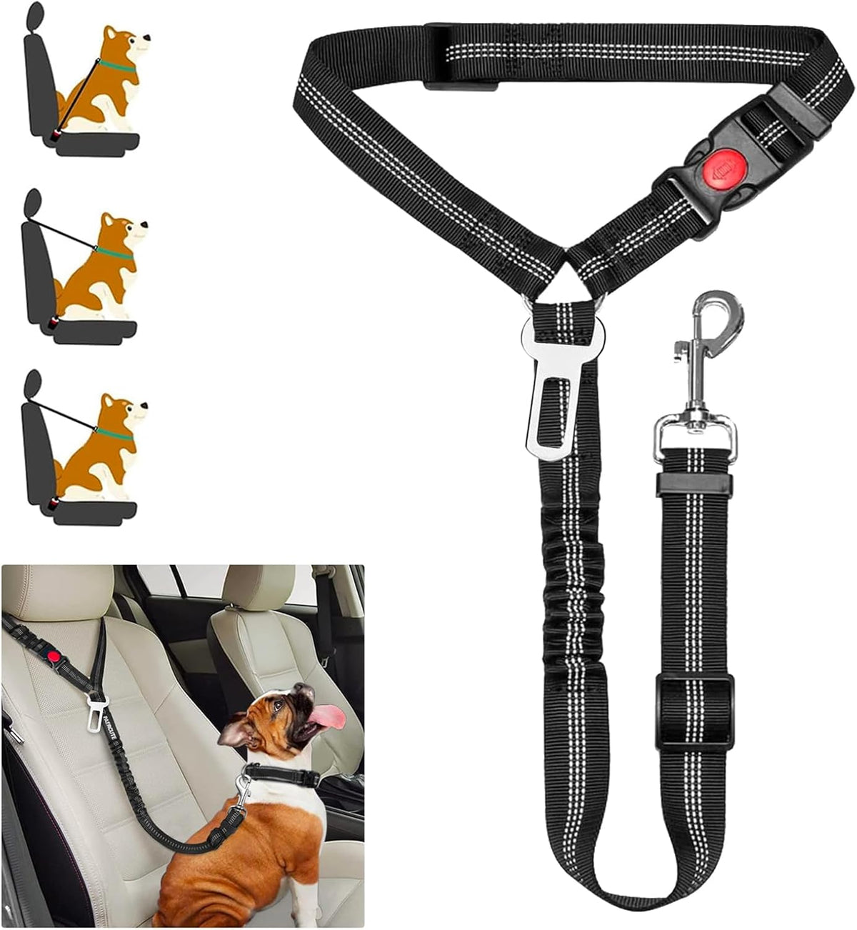 Removable Dog Seat Belt Harness for Car, 3 in 1 Pet Car