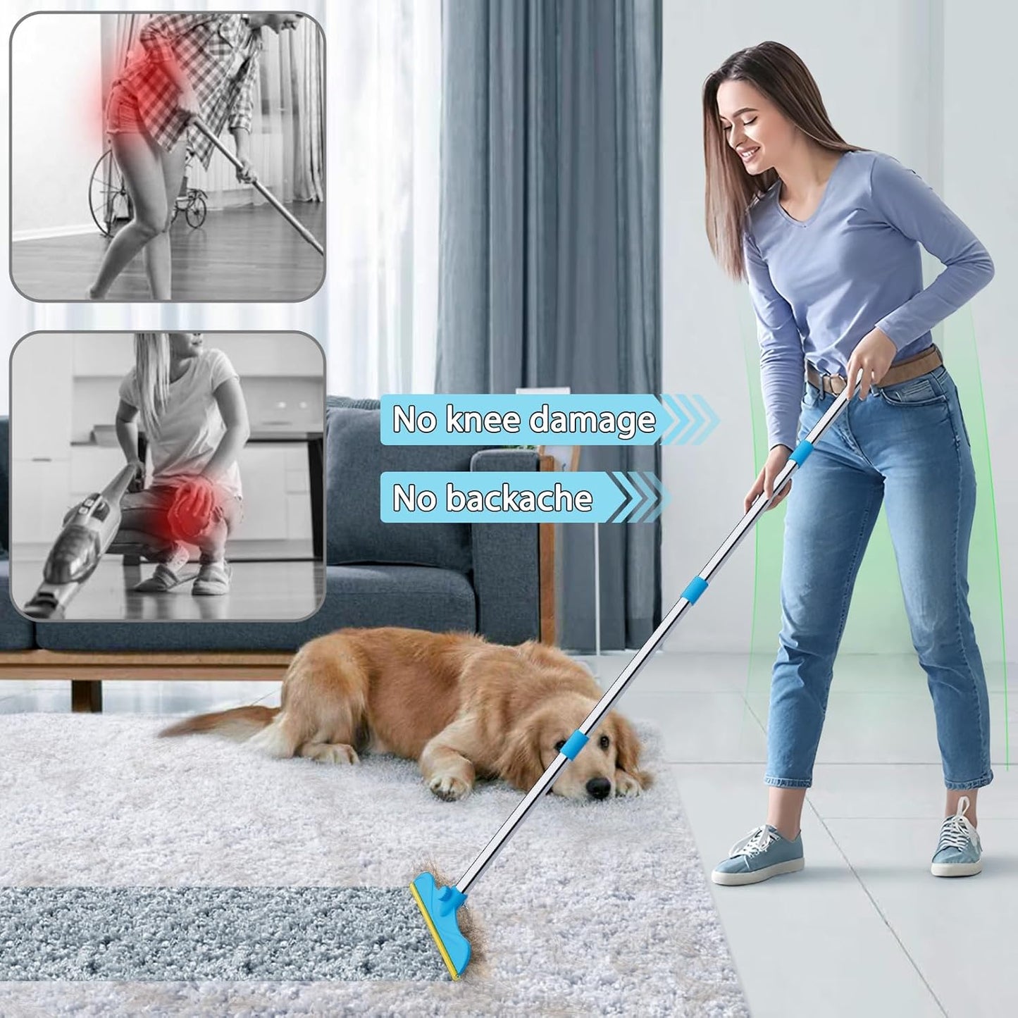 3 in 1 Carpet Rake for Pet Hair Removal, 60” Adjustable