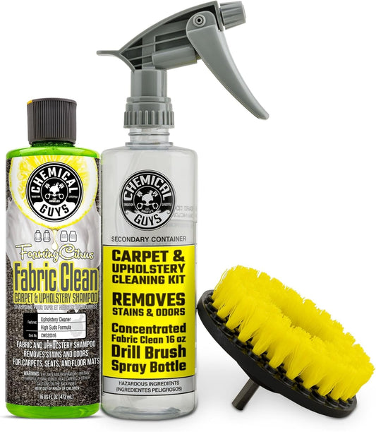Chemical Guys Foaming Citrus Fabric Clean Drill Brush Kit - High Foaming Stain and Odor Remover, Upholstery, Floor Mat & Car Carpet Cleaner, Deep Cleans & Deodorizes, Citrus Scent - 16 fl oz