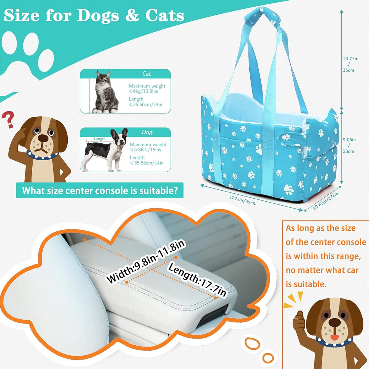 Center Console Dog Car Seat for Small Dogs Under