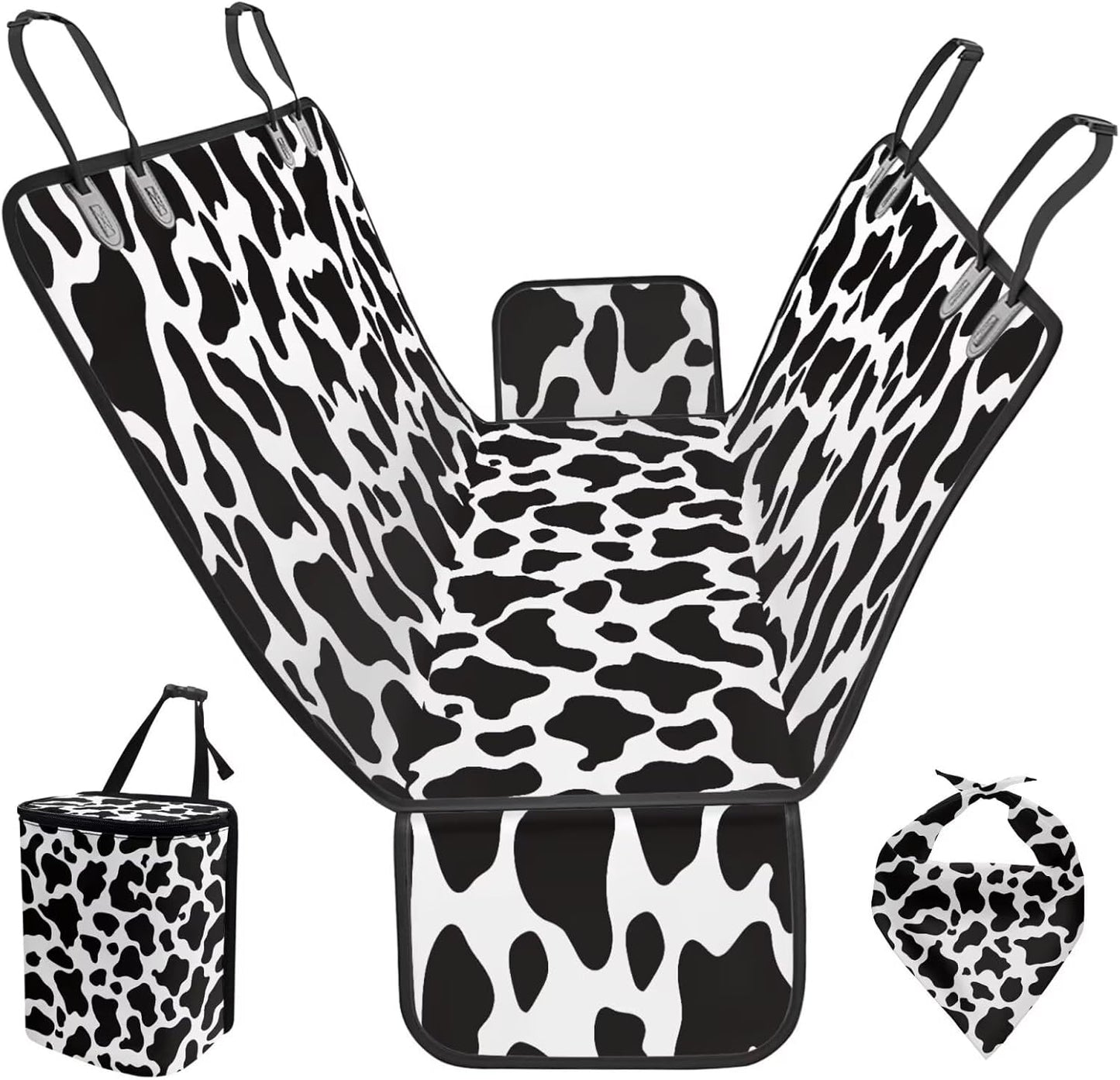 Cow Print Dog Car Seat Cover Set with Garbage Bag and Pet