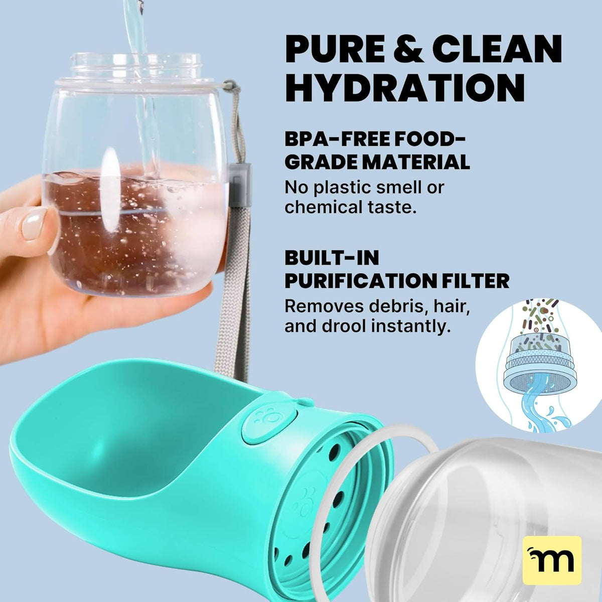 MalsiPree Dog Water Bottle Dispenser - 12 oz Blue - Leak-Proof Lock & One-Hand Operation - Dog Water Bowl Dispenser - Pet Travel Bottle with Built-in Bowl for Trail Hiking, Park Visit & Beach Days