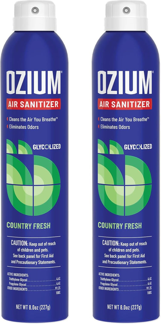 Ozium Air Sanitizer Spray - Room Odor Eliminator for Home, Car, and Office - Country Fresh Air Cleaner - 8 oz Can - 2 Pack