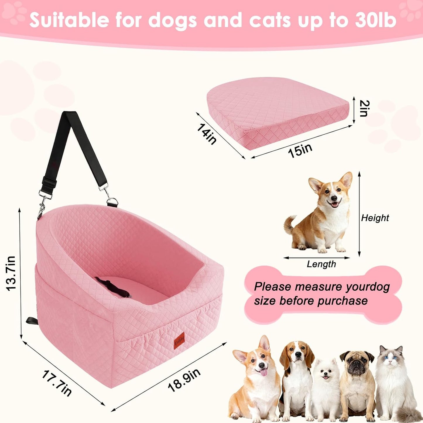 Dog Car Seat for Small & Medium Dogs, Detachable & Washable