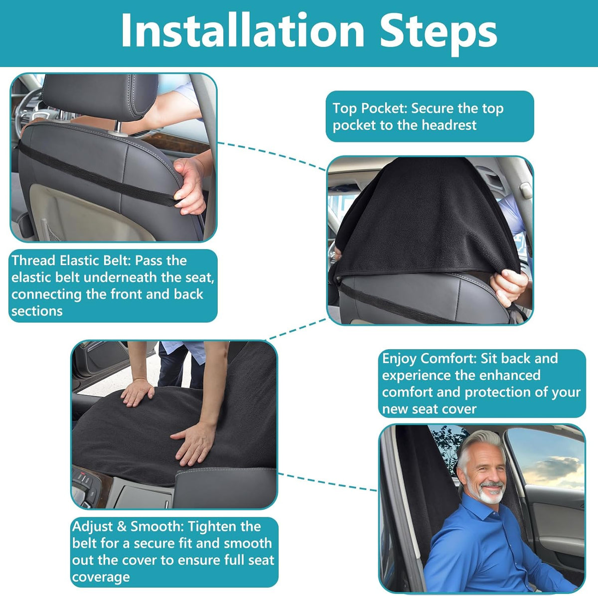 Car Seat Covers Universal Car Protective Front Seat Covers Washable Non-Slip Seat Protectors for Gym Workouts,Waterproof and Sweatproof Towel Seat Covers for Cars,Trucks, Jeeps (Black)