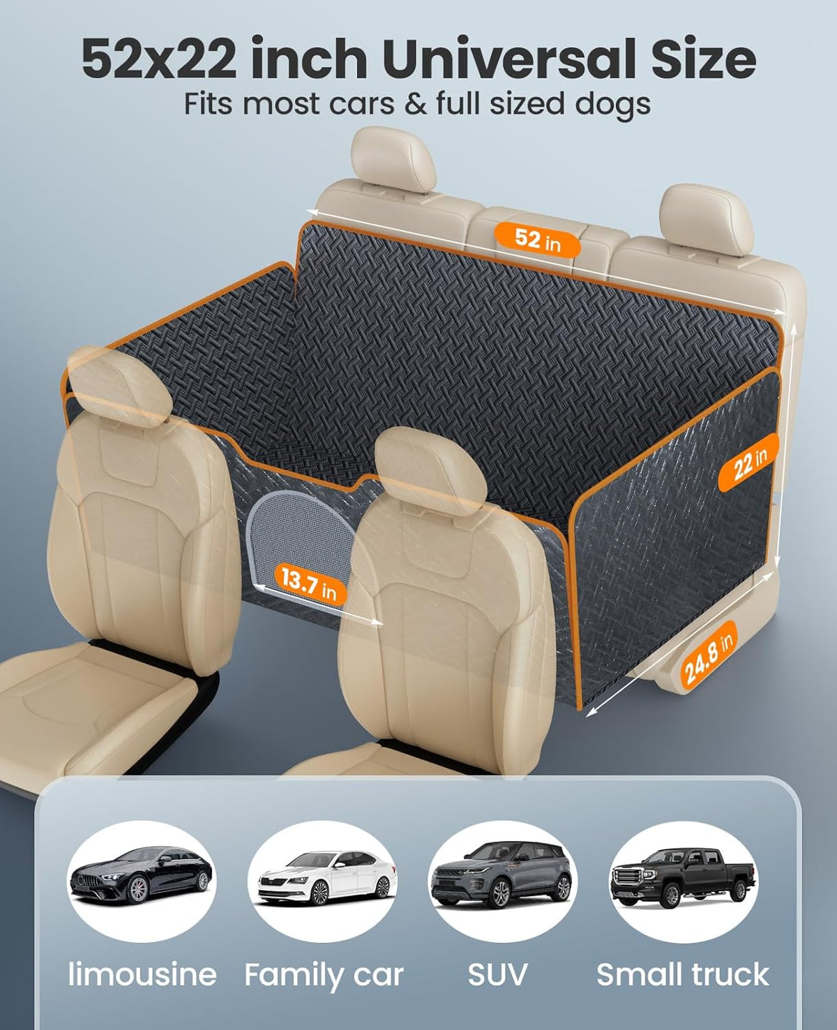 Back Seat Dog Cover for Car 52X22in, Hard Bottom Dog Car