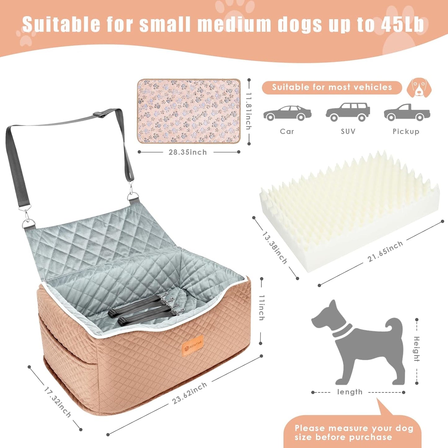 Memory Foam Booster Dog Car Seat Medium Dogs, Elevated Pet