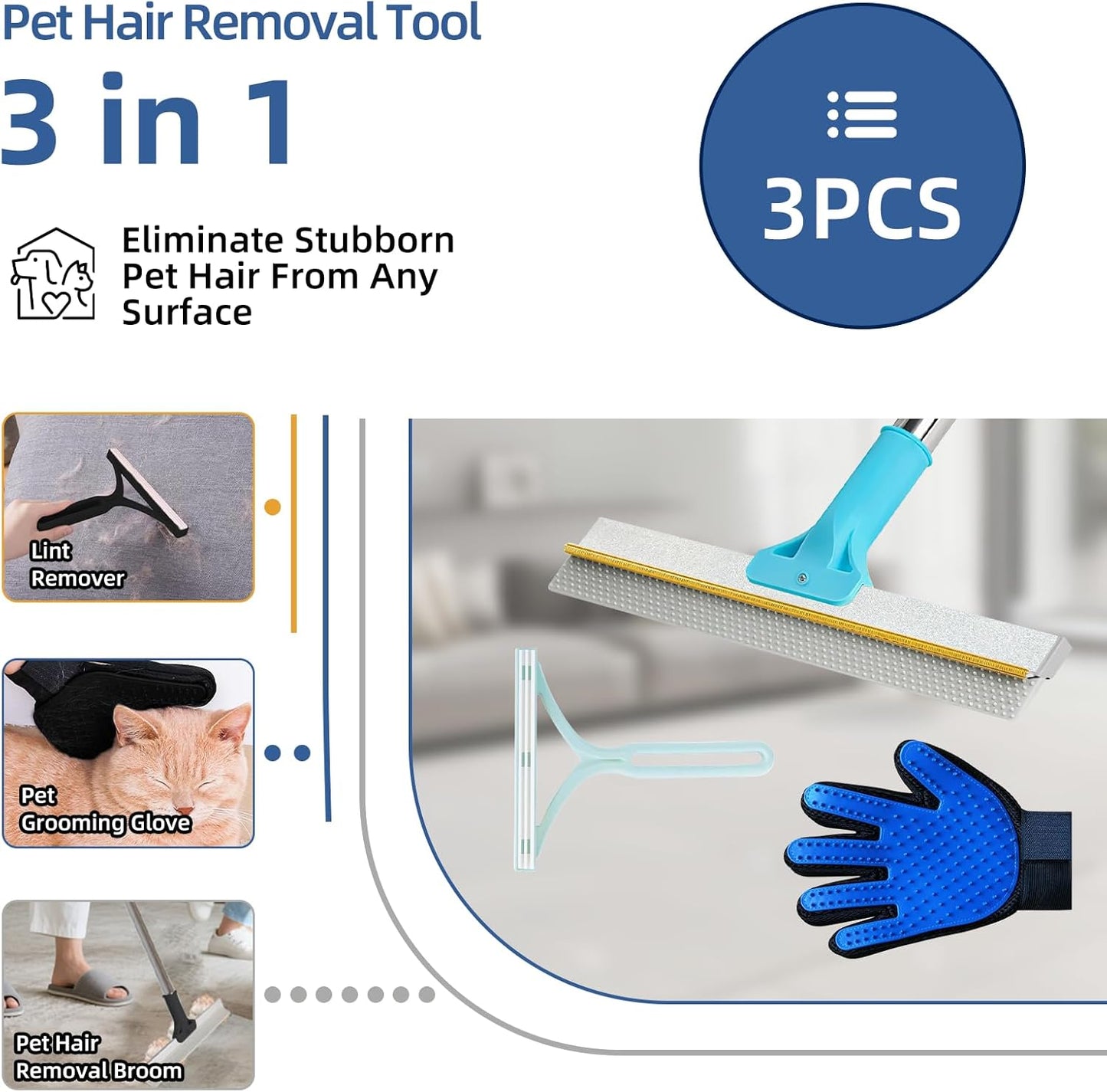 Carpet Rake for Pet Hair Removal - 54" Adjustable 2 in 1
