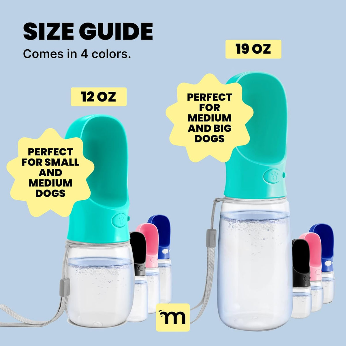 MalsiPree Dog Water Bottle Dispenser - 12 oz Blue - Leak-Proof Lock & One-Hand Operation - Dog Water Bowl Dispenser - Pet Travel Bottle with Built-in Bowl for Trail Hiking, Park Visit & Beach Days