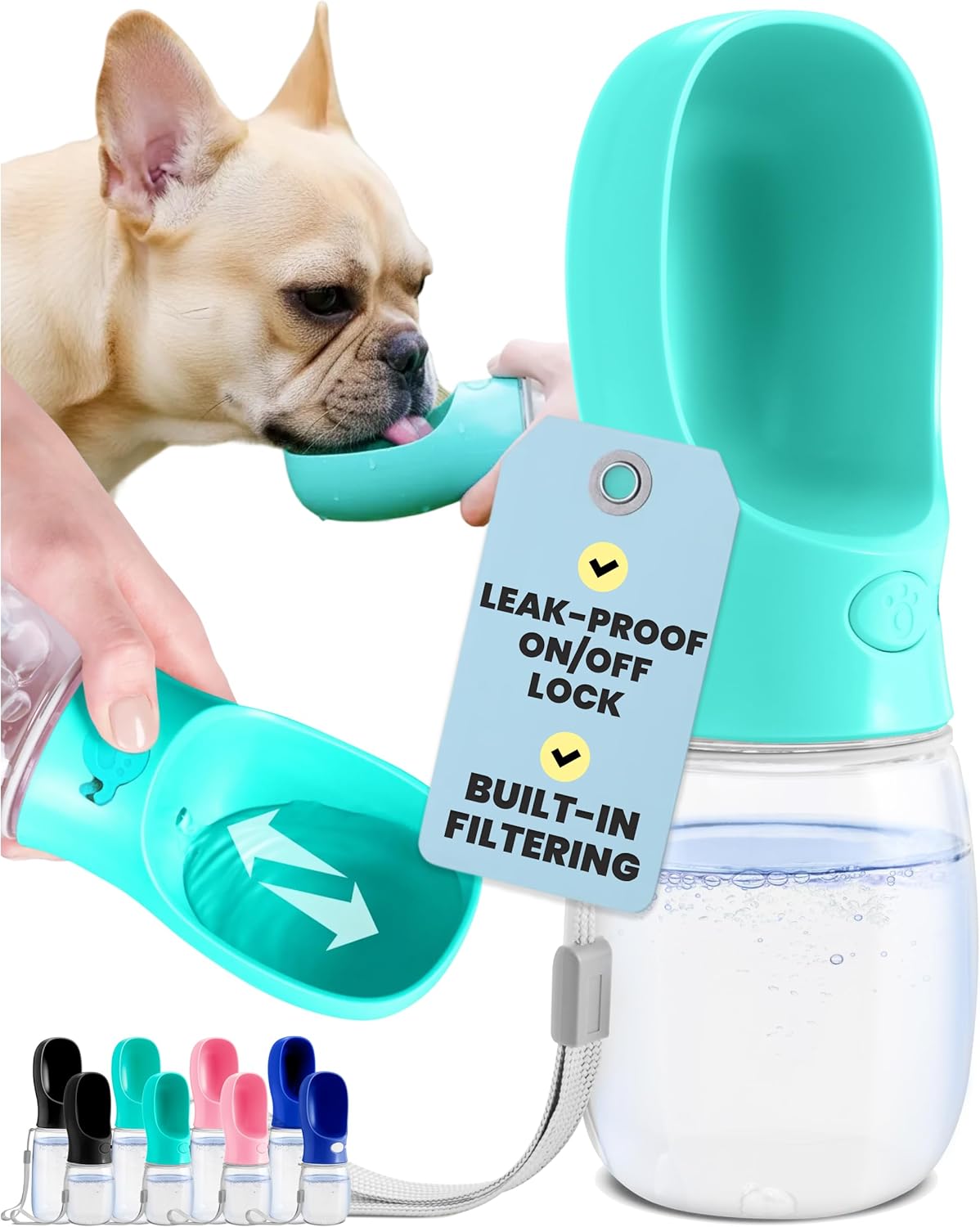 MalsiPree Dog Water Bottle Dispenser - 12 oz Blue - Leak-Proof Lock & One-Hand Operation - Dog Water Bowl Dispenser - Pet Travel Bottle with Built-in Bowl for Trail Hiking, Park Visit & Beach Days