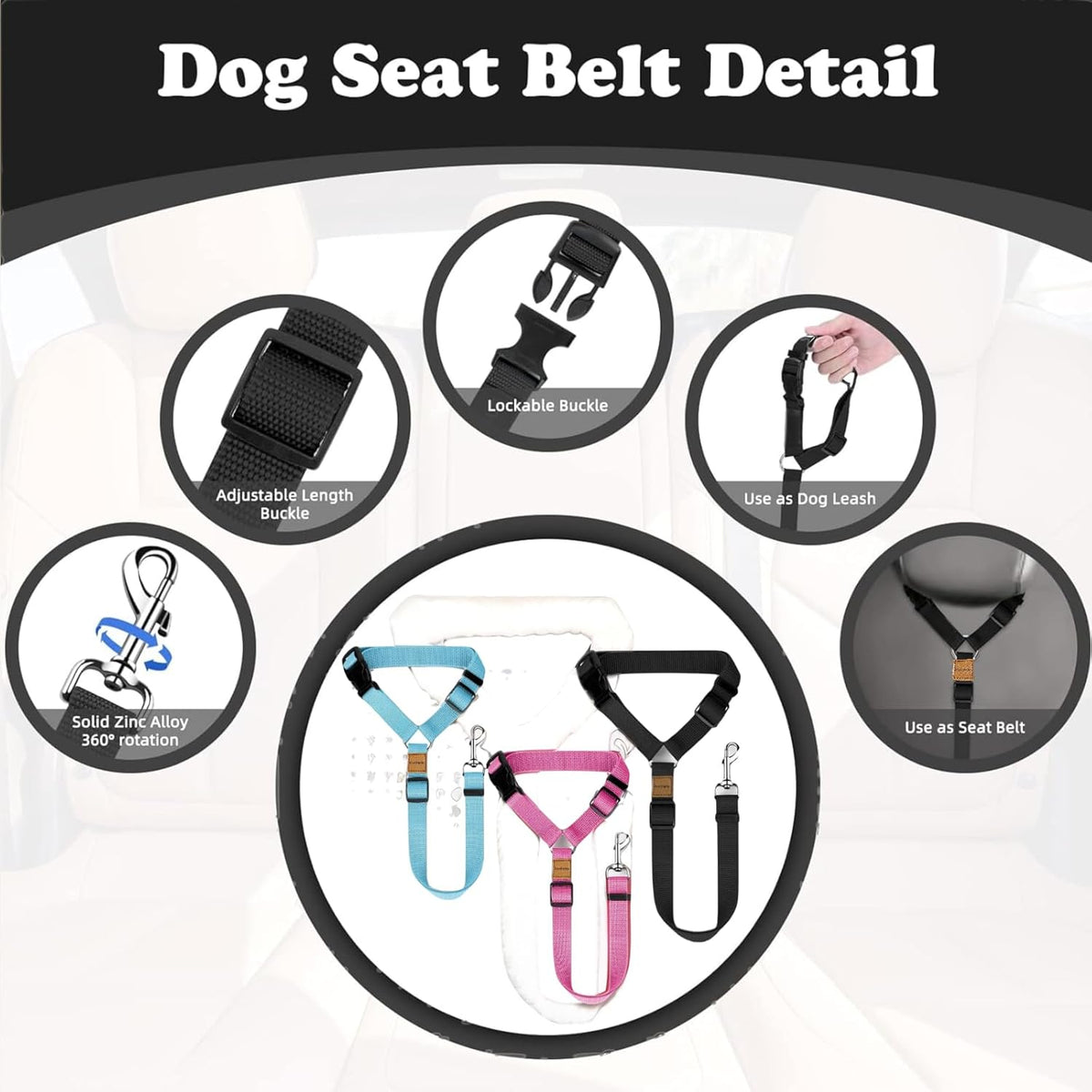 3 Pack Dog Seat Belt for Car, Car Headrest Restraint Adjustable Nylon Fabric, Dog Restraints Vehicle Seatbelts Harness