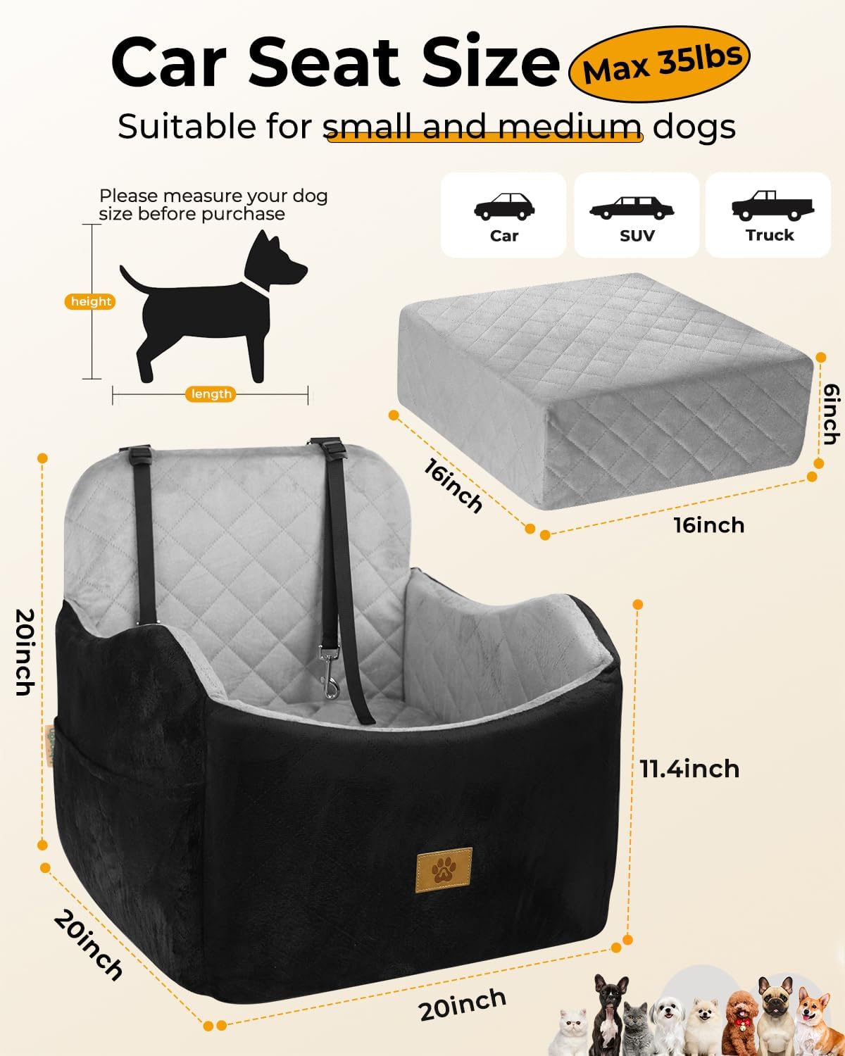 Dog Car Seat for Small/Medium Dogs, Detachable Washable Dog