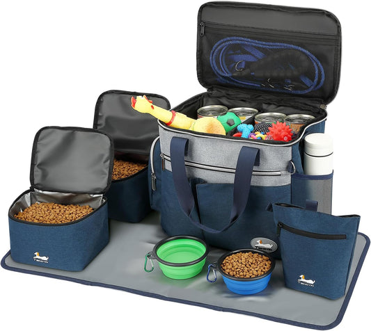 Dog Travel Bag for Pet Kit for Supplies with 2 Food Storage