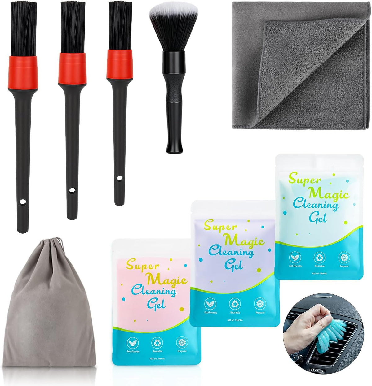 TICARVE 9Pcs Car Interior Detailing Kit - Car Cleaning Brushes, Universal Gel, Microfiber Towel and Storage Bag for Dashboard, Air Vents, Keyboard & Electronics