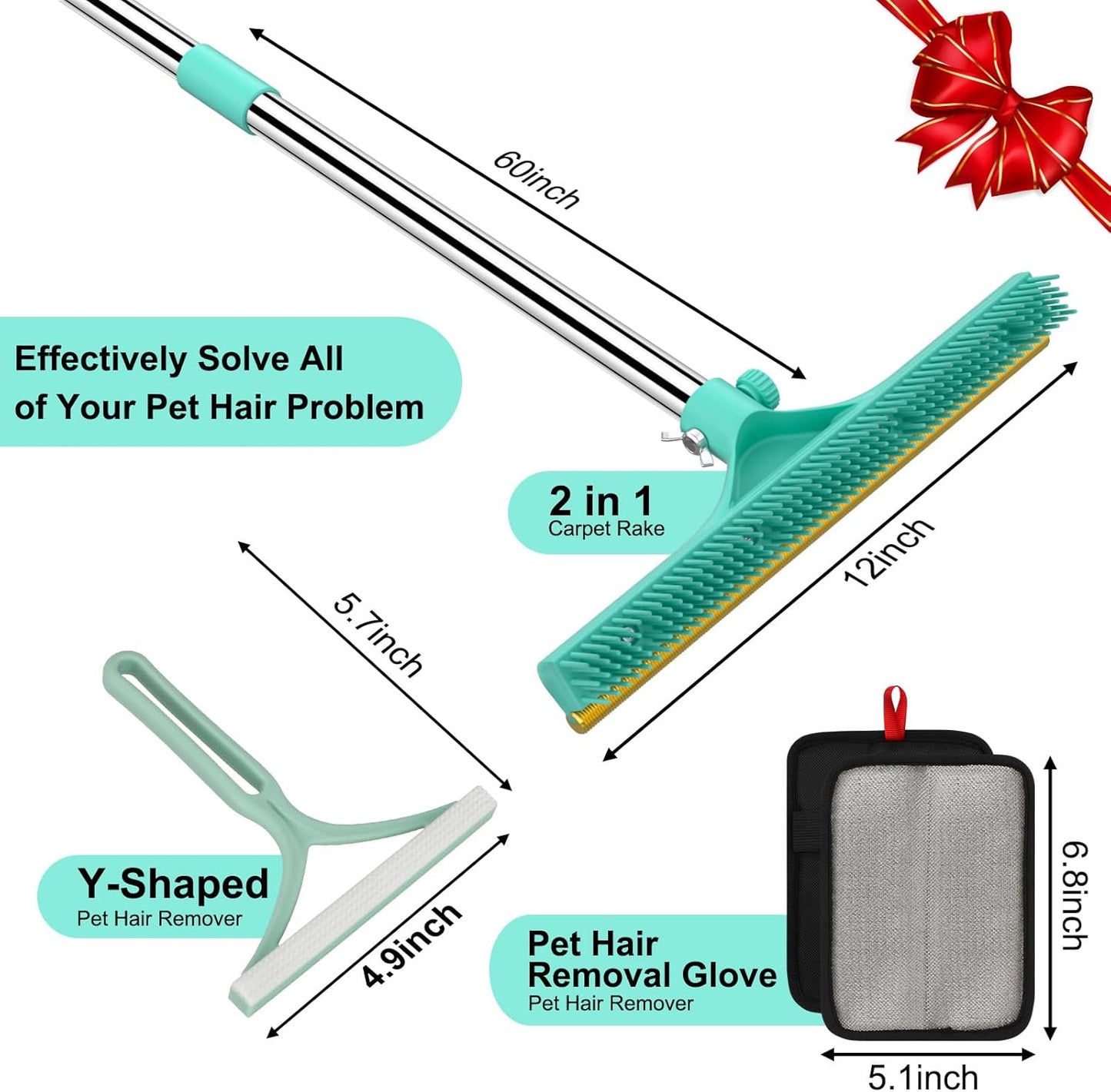 Carpet Rake for Pet Hair Removal - 60" Adjustable Long
