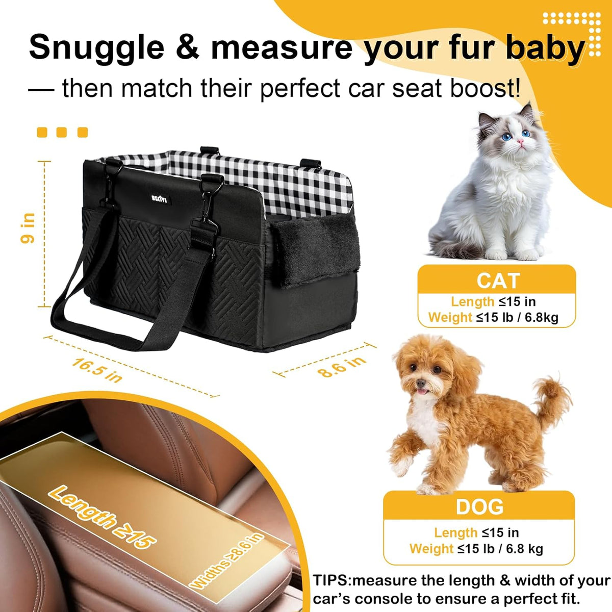 Console Dog Car Seat for Small Dogs Cats Up to 12lbs