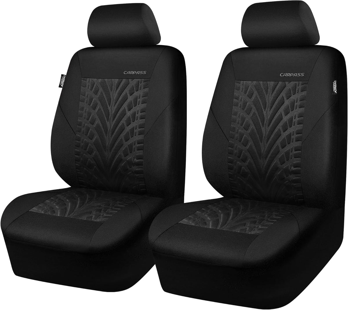 CAR PASS Car Seat Covers Two Front Only for Car, 3D Tyre Print Automotive Interior Covers, Airbag Compatible, Quick Setup Universal Fit Seat Covers for Car, Truck, SUV(Black)