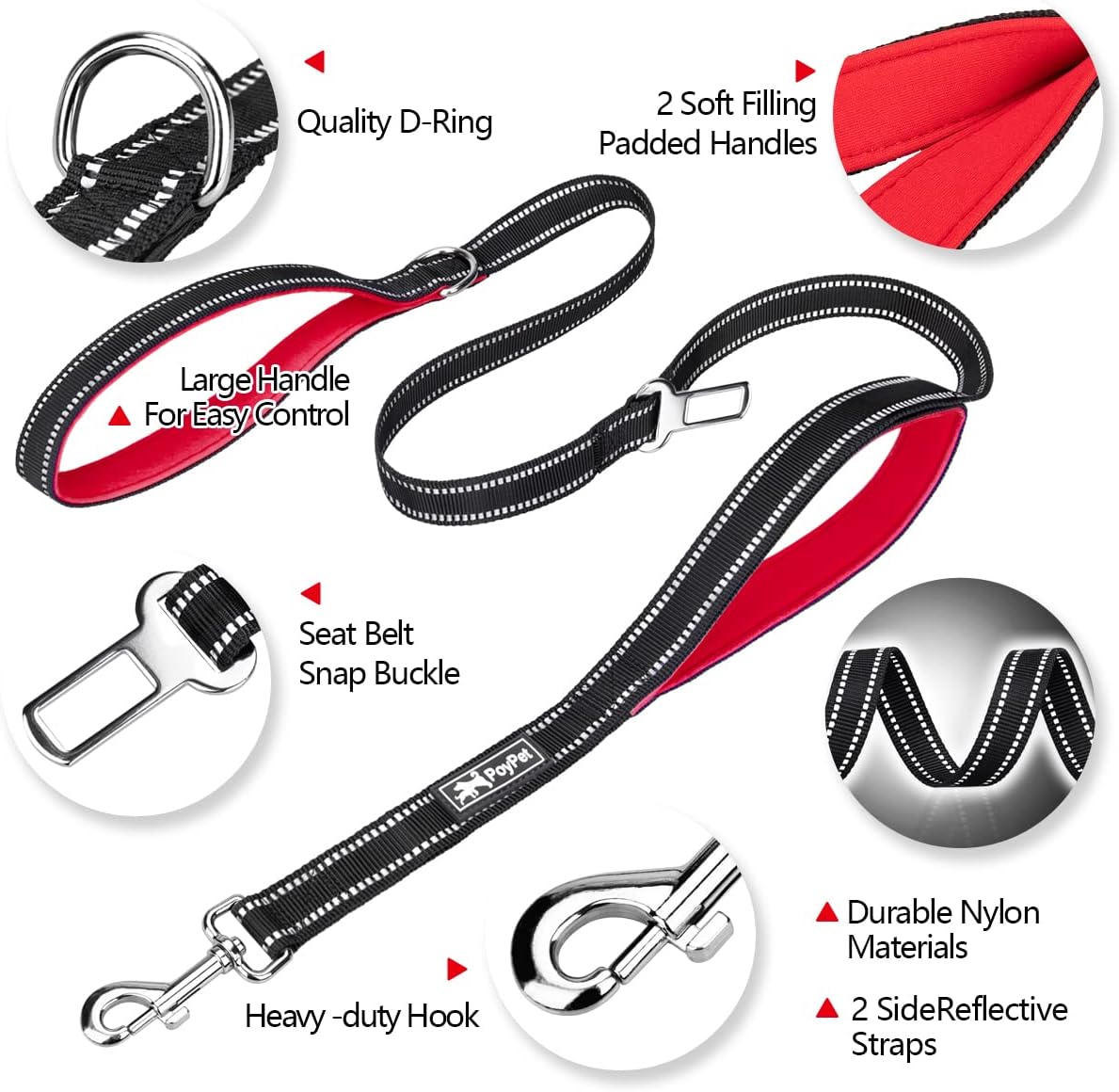 5 Feet Reflective Dog Leash Tether + Car Seat Belt+ Dual