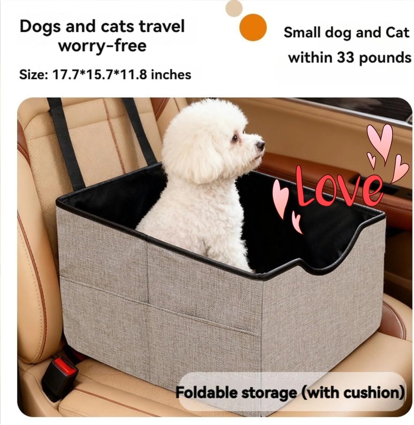 Portable Foldable Cat Dog Car Seat for Small Dogs Spacious