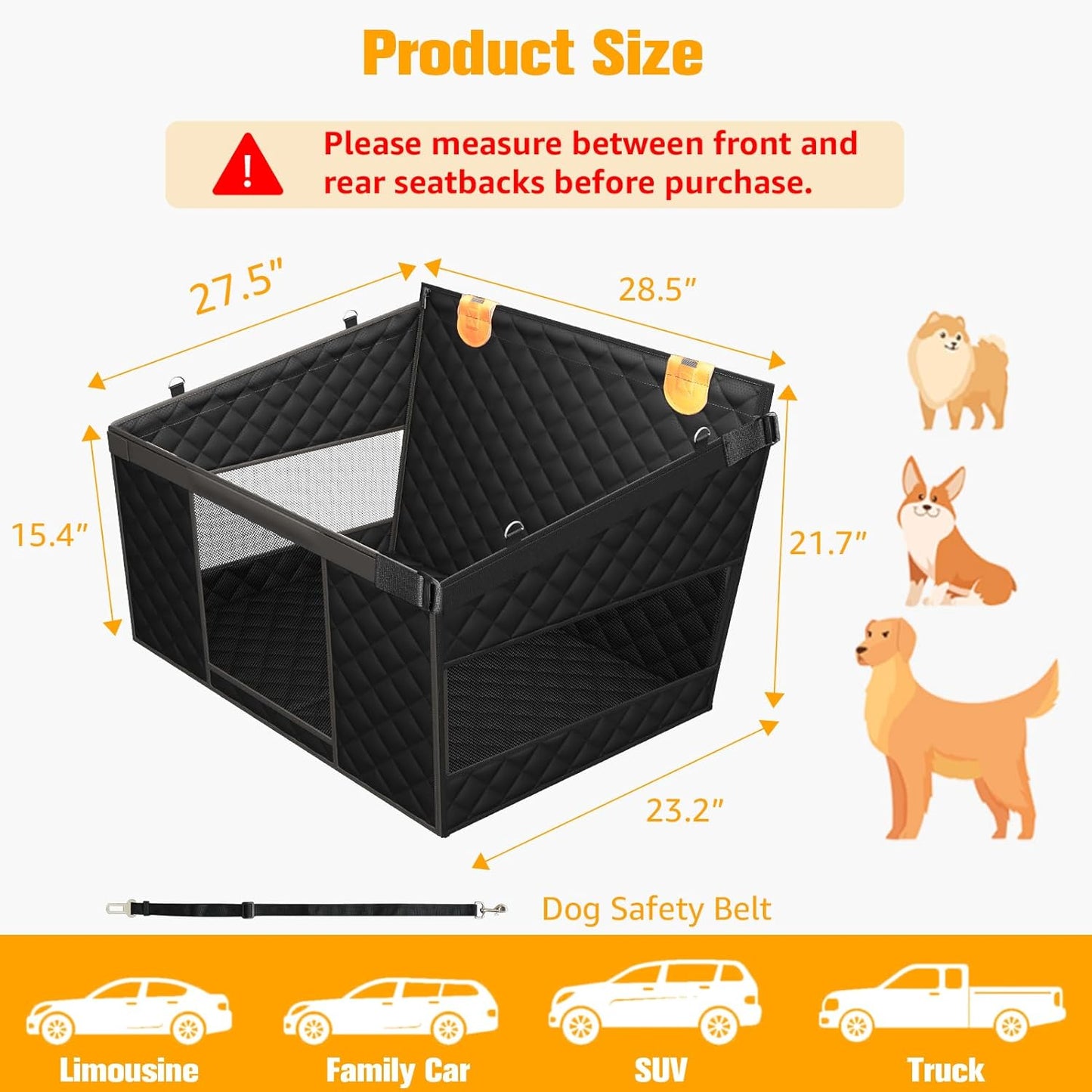 Large Dog Car Seat, Back Seat Extender for Dogs with 3 Mesh