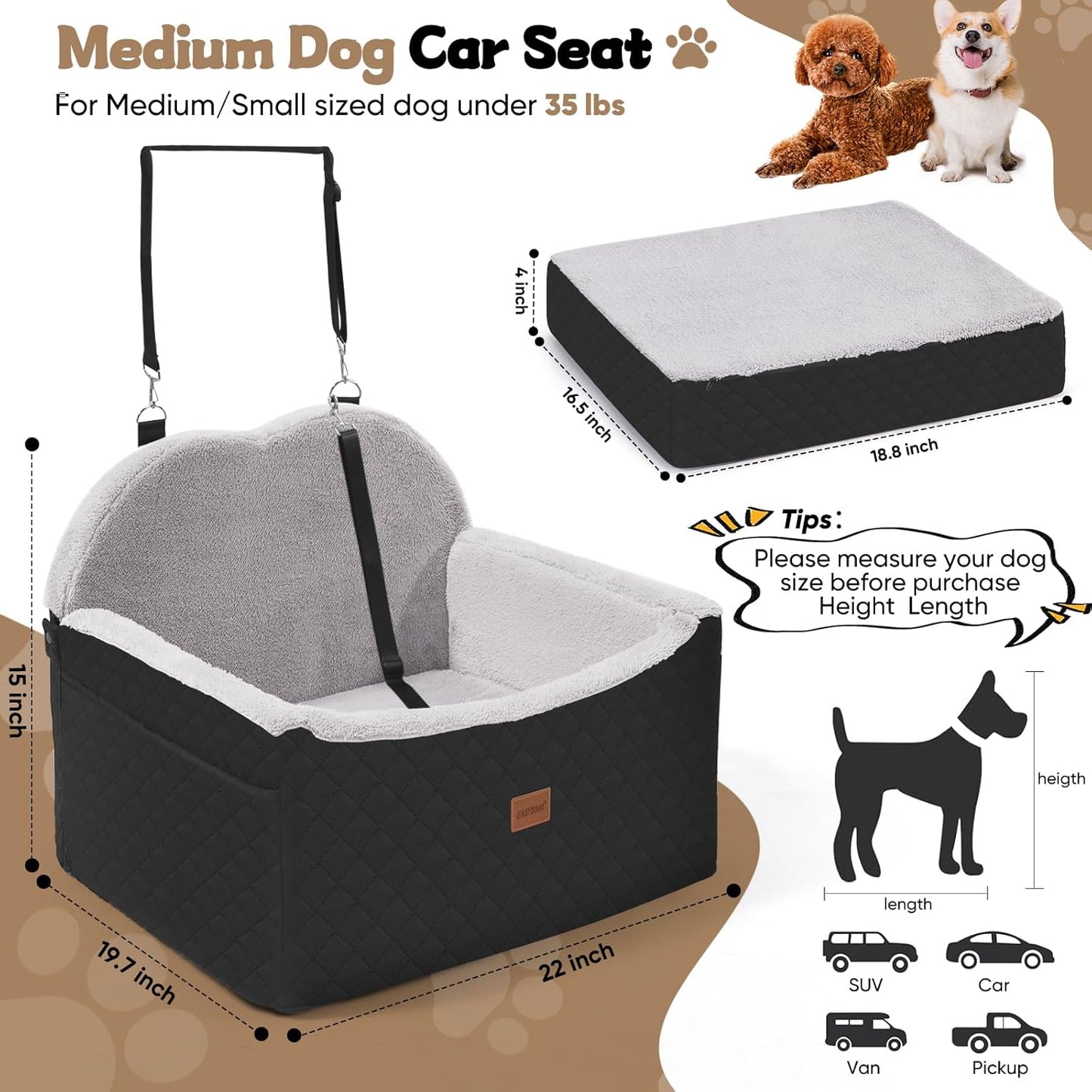 Dog Car Seats for Small Dogs, Detachable Dog Booster Car