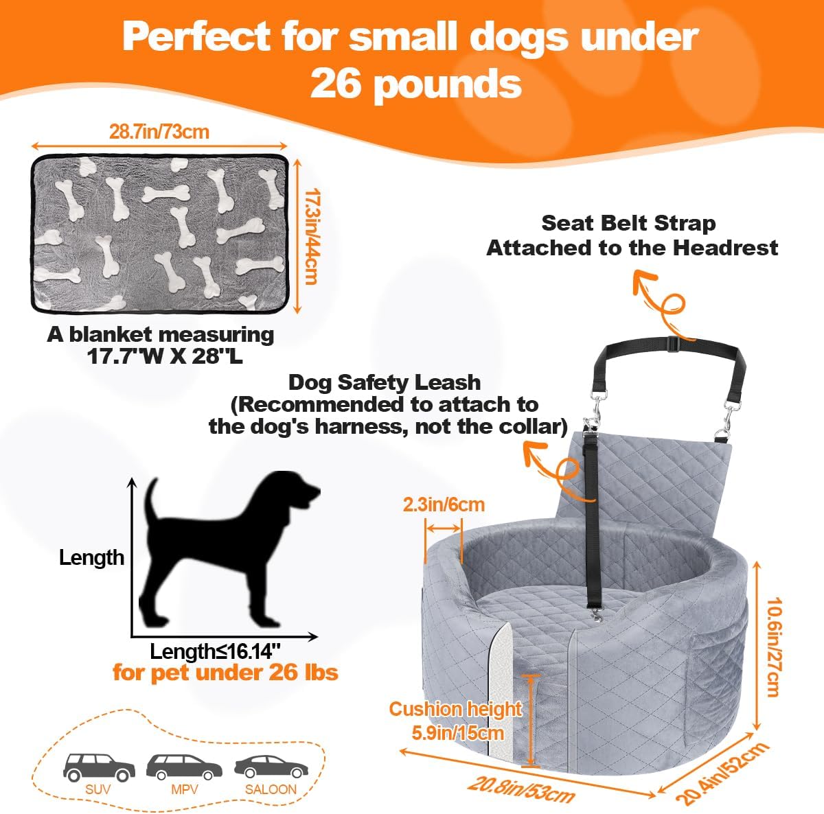 Dog Booster Car Seats for Small Medium Dogs, Fits Dogs