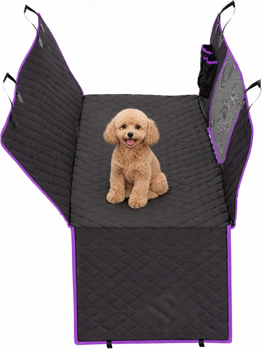 Dog Car Seat Cover for Back Seat, Waterproof, Scratchproof, Nonslip, Dog Hammock for Car, Safety Harness Included, Seat Covers for Pet Dogs, Truck & SUV Size (Black/Purple)