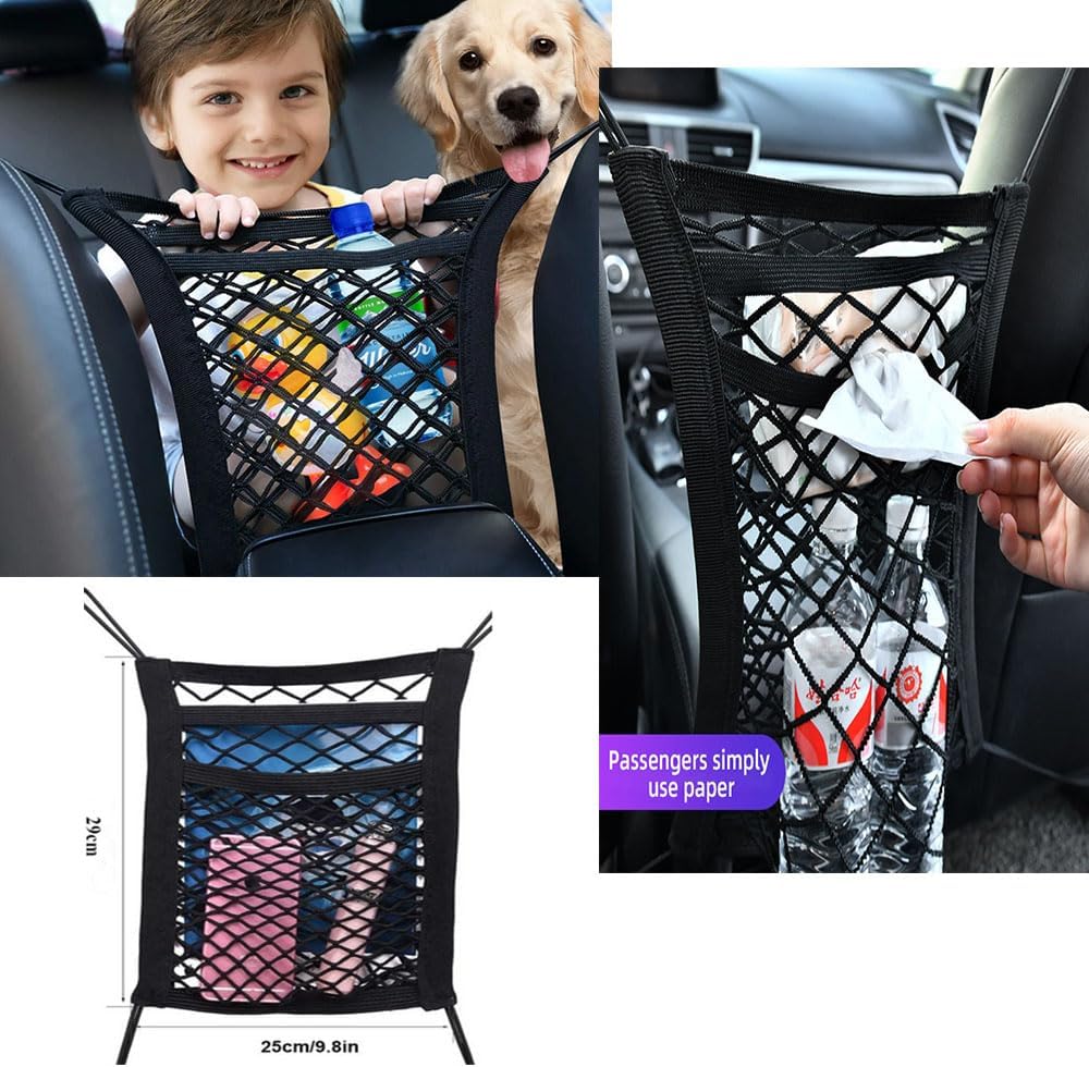 3-Layer Car Mesh Organizer, Dog and Kid Pet Barrier, Seat Back Net Bag Holder, Storage Organizer, Cargo Tissue Handbag Purse Holder, Driver Storage Netting Pouch