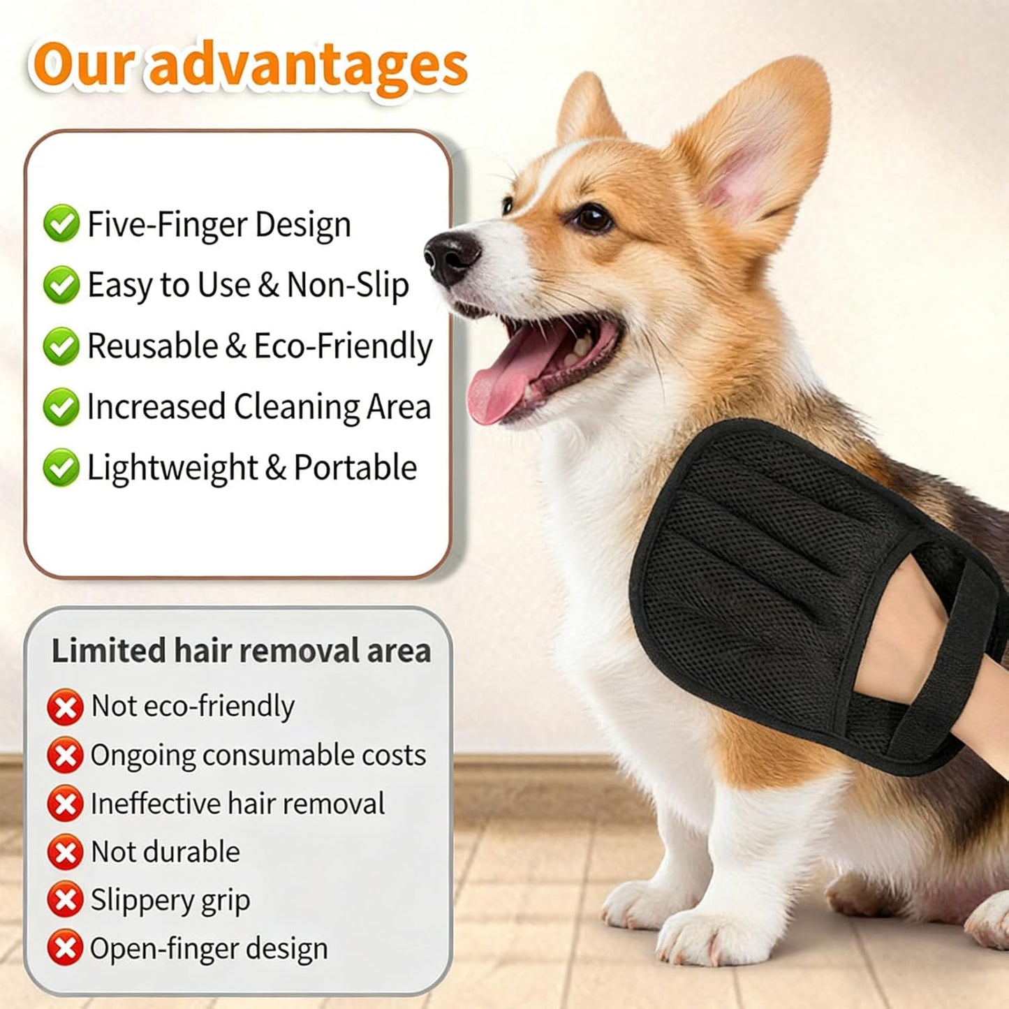 Pet Hair Removal Gloves, Reusable Five Finger Cat Dog