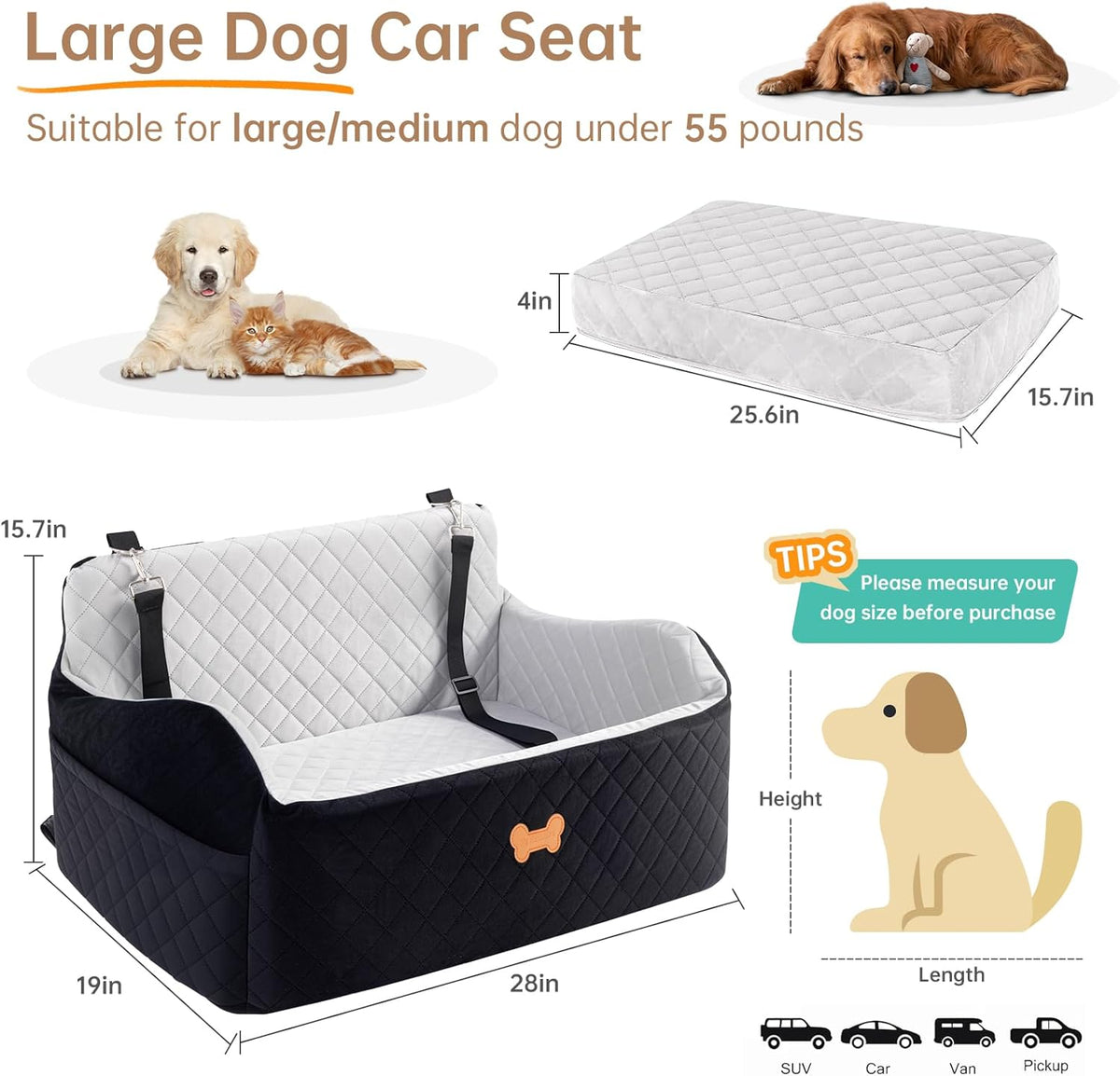 Car Seat for Large Size Dog, Booster Seat for Dogs Under 55
