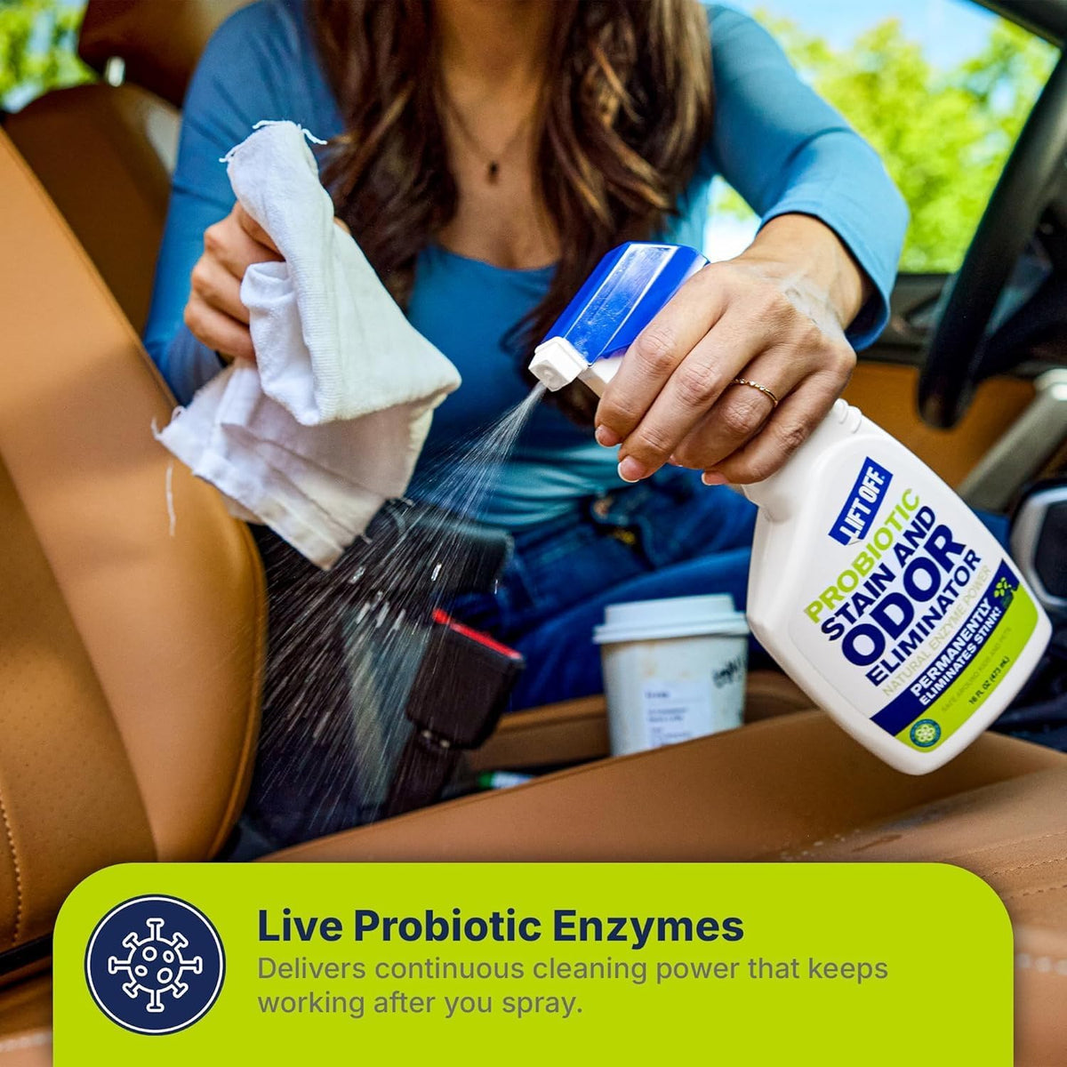 Lift Off 45006 Probiotic Stain and Odor Eliminator Spray – Powerful Natural Enzyme Carpet Cleaner and Pet Odor Eliminator for Urine, Upholstery, and Hard Floors, Safe Around Kids and Pets – 16 Fl Oz
