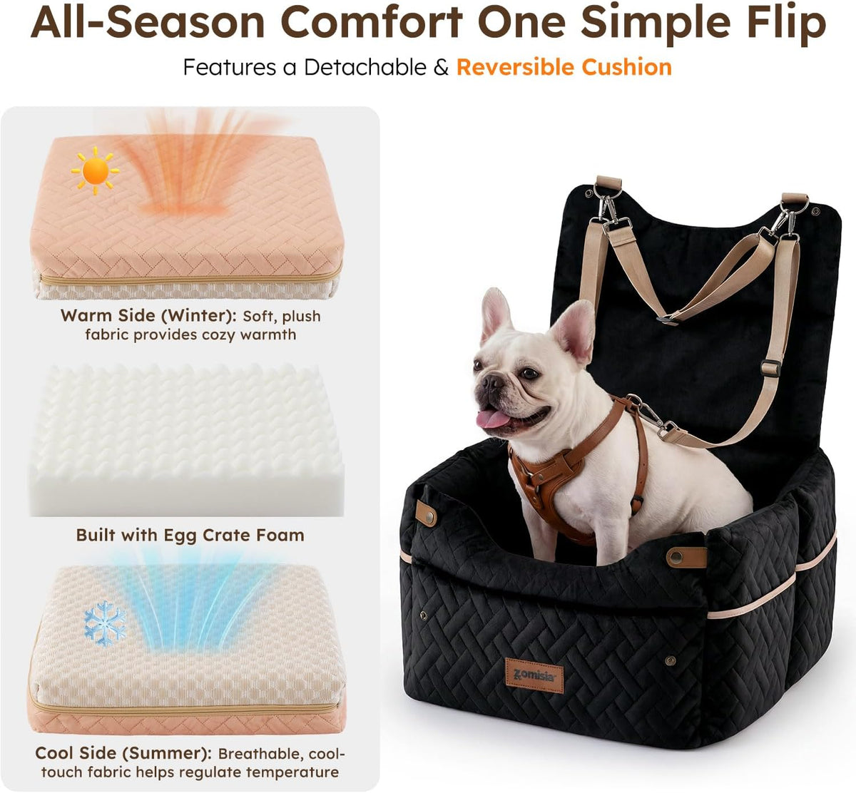 ZOMISIA Elevated Dog Car Seat for Medium Dogs, 3 Adjustable Heights with 2 Egg Crate Foam Boosters 4"+2", Dual-Sided Cooling&Plush Waterproof Cover, 2 Safety Leashes & Buckles, Black