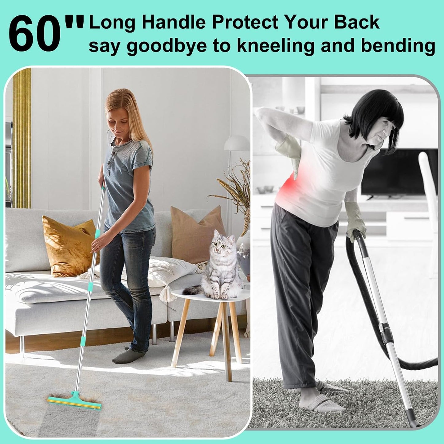 Carpet Rake for Pet Hair Removal - 60" Adjustable Long