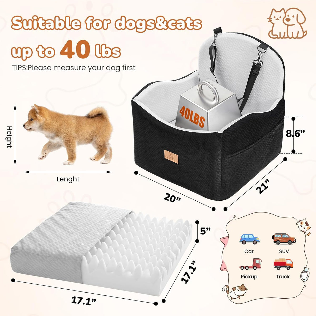 Dog Car Seat for Medium/Small Dogs, Dog Booster Car Seat