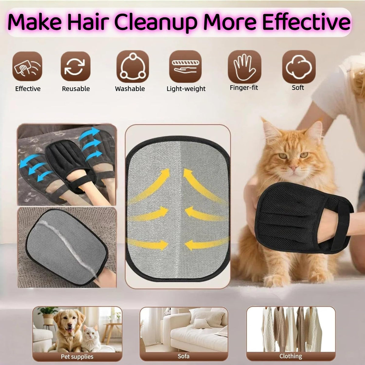 Pet Hair Removal Glove , Reusable Washable Electrostatic