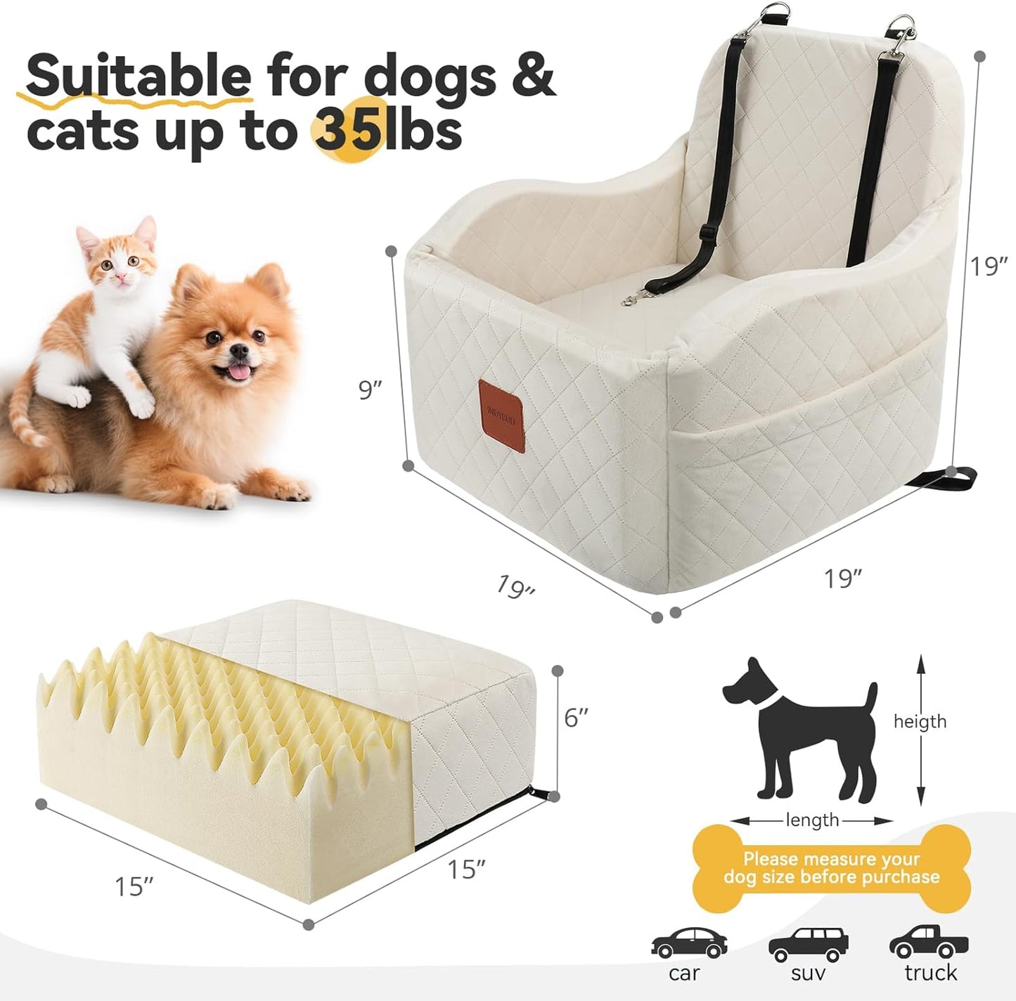 Dog Car Seat for Small Medium Dogs Up to 35lbs, Detachable