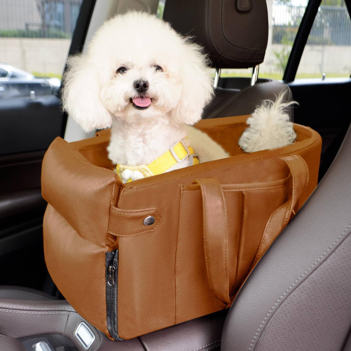 Portable Small Dog Seat for Car, Luxury Leather Center