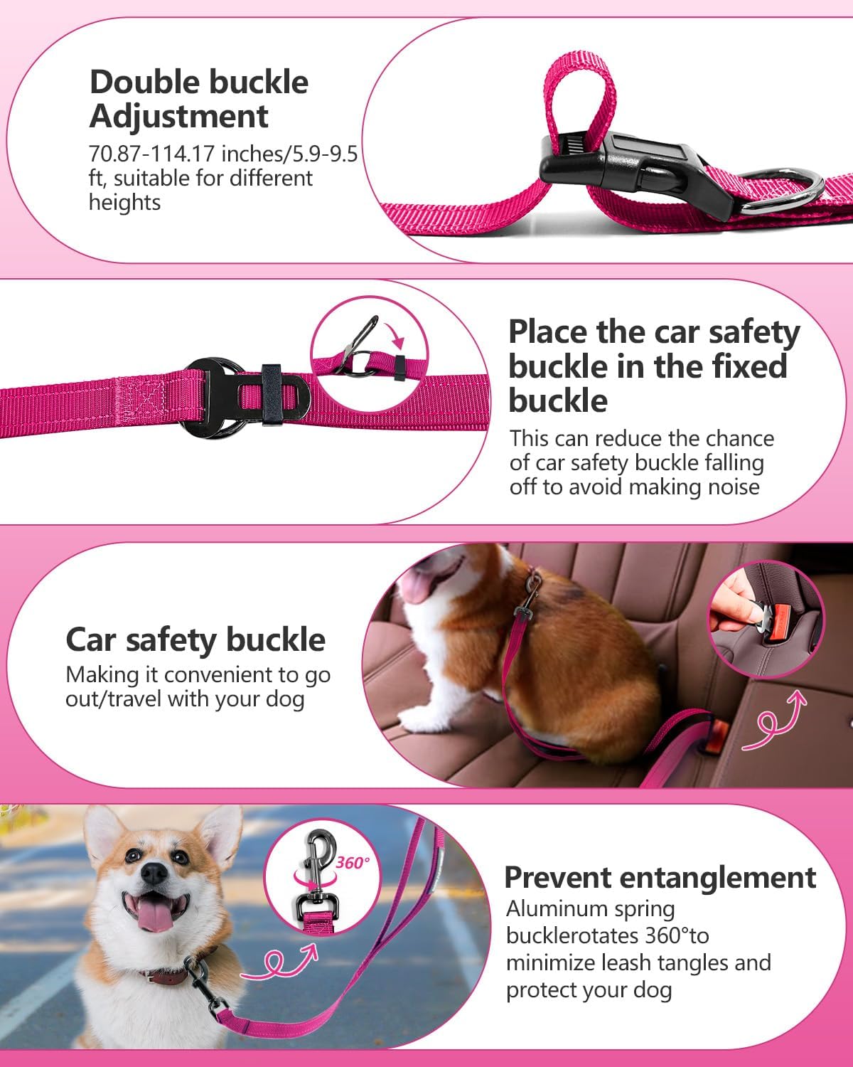 Hands Free Dog Leash & Car Seatbelt, 5.9-9.5ft Crossbody