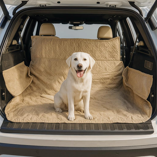 Formosa Covers Dog Cargo Liner for SUV - Heavy Duty Quilted and Padded Mat Covers Trunk Back Area - Hair Easily Shakes Off - Taupe - Universal Fit 68" W x 93" L