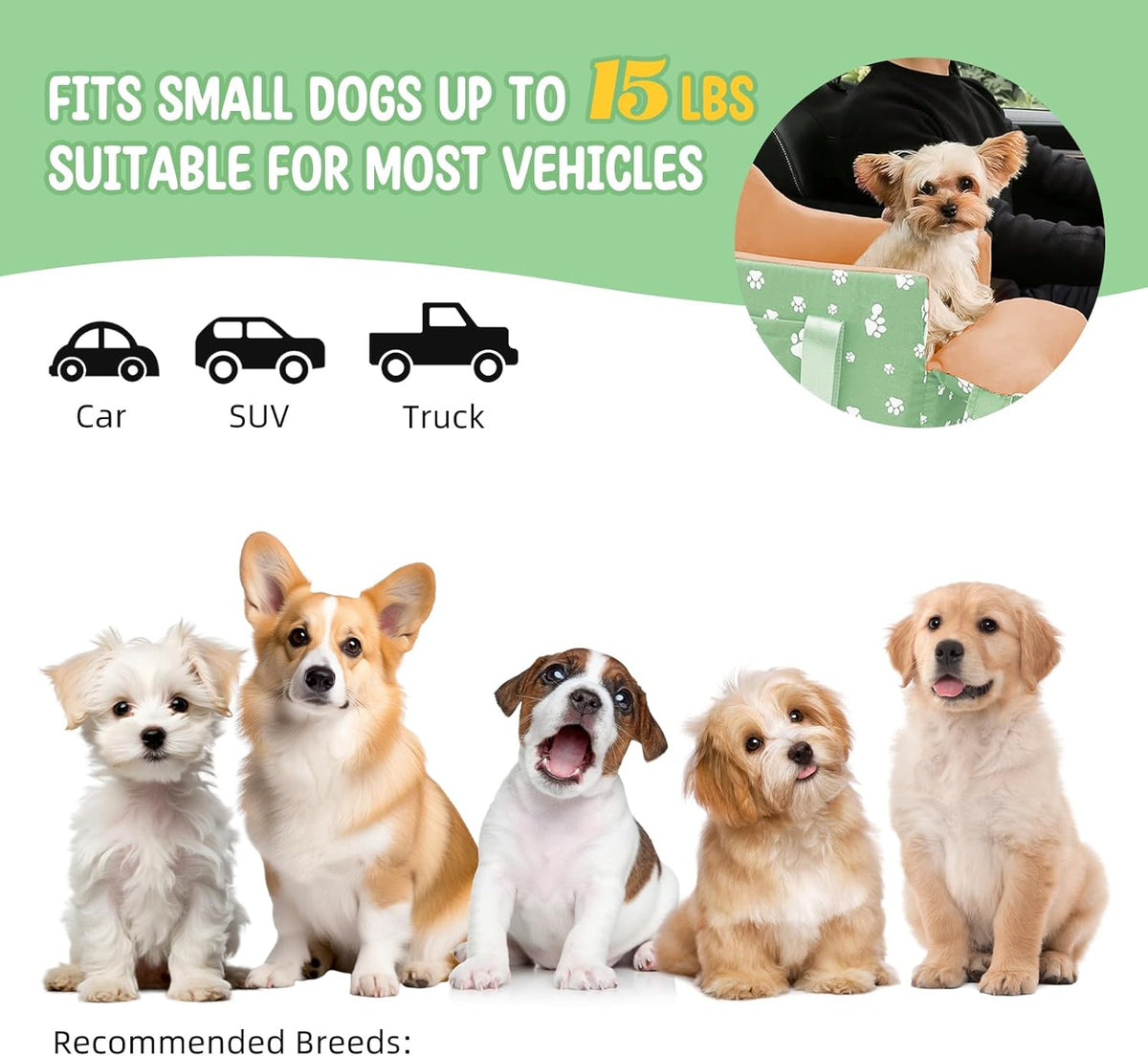 Dog Center Console Car Seat for Small Dogs Under 15lbs,Detachable Washable Booster Pet Car Seat Travel Bed with Storage Pockets and Seat Belt(Green)