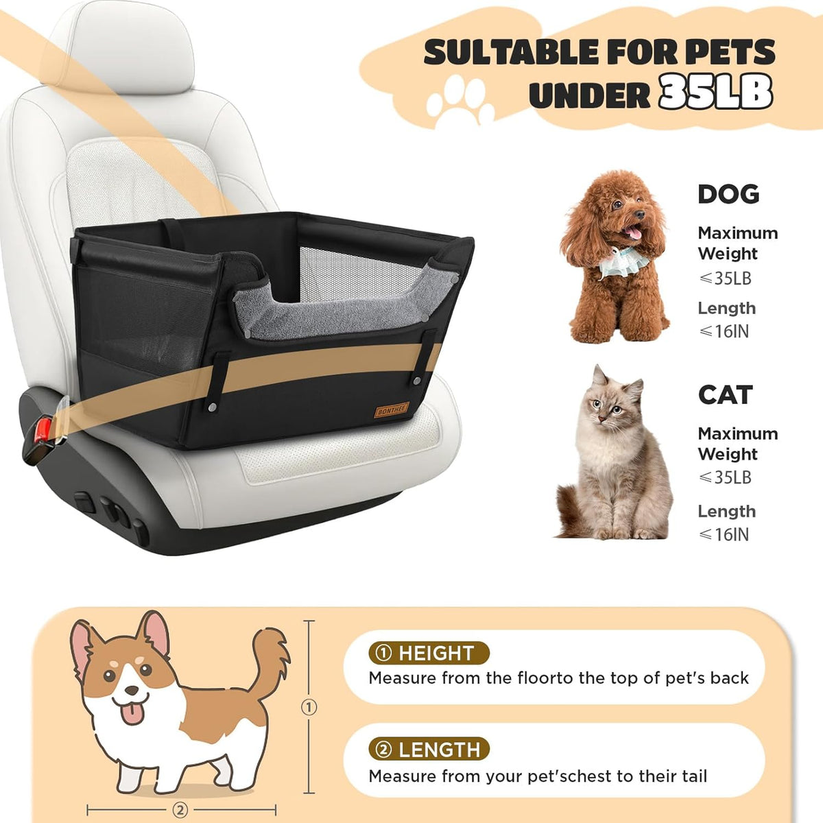Elevated Dog Car Booster Seat up to 35LB, 6-Inch Memory